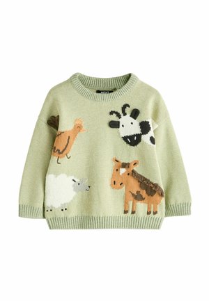 Grüner Strickpullover mit Tiermotiven: eine Kuh, ein Pferd, ein Schaf, ein Huhn und eine Ente. Strukturierte Muster mit sanften Akzenten. Rundhalsausschnitt.