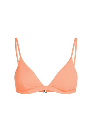 Kolmnurkse lõikega korallivärvi bikiinitop, valmistatud siledast kangast. Disainis on õhukesed reguleeritavad rihmad ja tagaküljel kinnitusega sulgur.