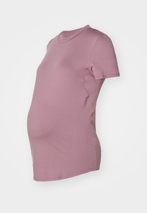 Kort mauve graviditet T-shirt med korte ærmer og rund halsudskæring, vist på en mannequin torso mod en ensfarvet baggrund.