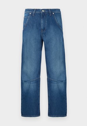 Blue denim jeans with a straight-leg design, featuring front pockets, a button closure, and visible stitching details.