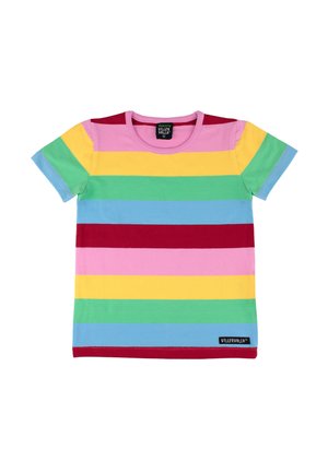 Kinder-T-Shirt mit kurzen Ärmeln und horizontalen Streifen in Pink, Gelb, Grün, Blau und Rot, mit rundem Ausschnitt und Markenlabel am Saum.