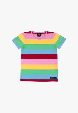 Kinder T-shirt met korte mouwen met horizontale strepen in roze, geel, groen, blauw en rood, met een ronde hals en merkembleem op de zoom.
