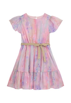 Pink and purple floral dress with ruffled sleeves, tiered skirt, and gold belt. Sheer fabric with metallic accent dots throughout.