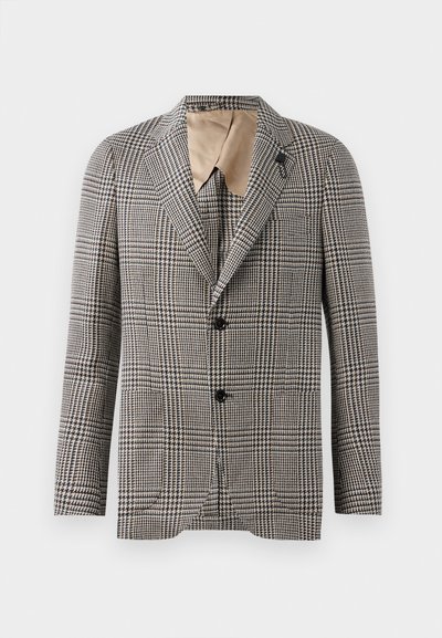 Struktuurne ruuduline bleiser pruunis ja kreemis, millel on lõige krae, kaks nappi ja peen tasku detail. Sisevooder on beež.