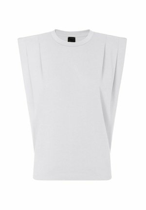 Haut blanc sans manches avec épaules rembourrées et col rond, présenté sur un fond blanc.