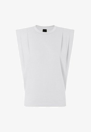 Top bianco senza maniche con spalle imbottite e scollo rotondo, mostrato su sfondo bianco.