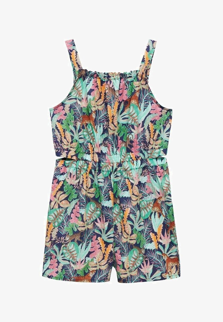 Combinaison sans manches avec taille élastique, décorée de feuilles tropicales colorées et de petites imprimés de tigres sur un fond sombre.