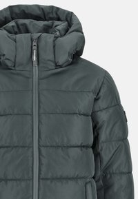 Ciemnozielona pikowana kurtka z wysokim kołnierzem, zamkiem błyskawicznym z przodu oraz przeszyciami na całej długości dla lepszej izolacji.