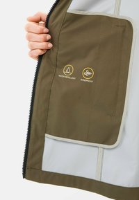 Water-repellent and windproof fabric jacket with a brown interior, featuring a pocket and icons indicating its weather-resistant properties.