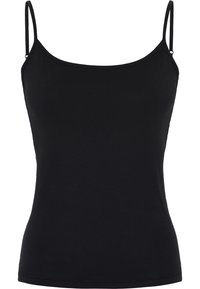 Sort camisole-top lavet af glat stof, der har en lige halsudskæring, smalle justerbare stropper og en tætsiddende silhuet.