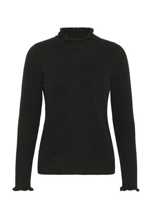 Maglione a maniche lunghe nero in maglia con collo alto arricciato e polsini arricciati, vestibilità slim, texture liscia.