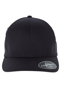 Schwarze Kappe aus glattem Stoff mit strukturierter Form, ausgestattet mit einem gebogenen Schirm und einem "FLEXFIT DELTA"-Label auf der Vorderseite.