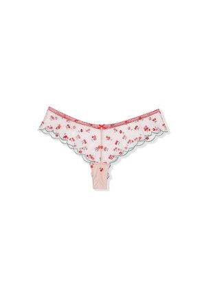 Lace thong in light pink, featuring cherry floral embroidery, scalloped edges, and a small central bow detail. Soft textile finish.