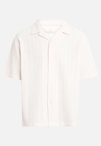 Short-sleeve, button-up shirt in light pink. Features textured fabric with vertical stripes and subtle decorative holes. Classic collar design.
