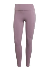 Leggings sportivi viola con un'alta vita, texture liscia, cuciture piatte e una tasca laterale per maggiore comodità.