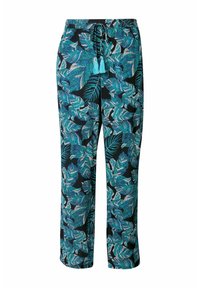 Pantalons à taille élastique en noir avec un motif de feuilles tropicales dans des nuances de bleu-vert et de vert ; comportent un cordon de serrage avec des glands turquoise.