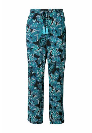 Zwarte elastische broek met een tropisch bladerenpatroon in tinten turquoise en groen; heeft een trekkoord met turquoise kwastjes.