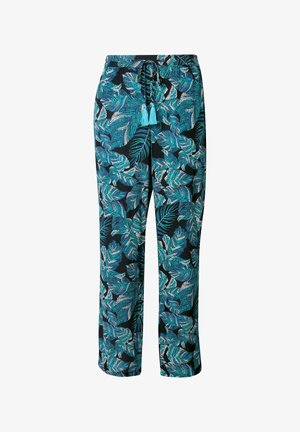 Mustat elastiset vyötäröhousut, joissa on trooppinen lehti -kuvio sinivihreissä ja vihreissä sävyissä; sisältää turkoosit tupsut vetoketjun päässä.