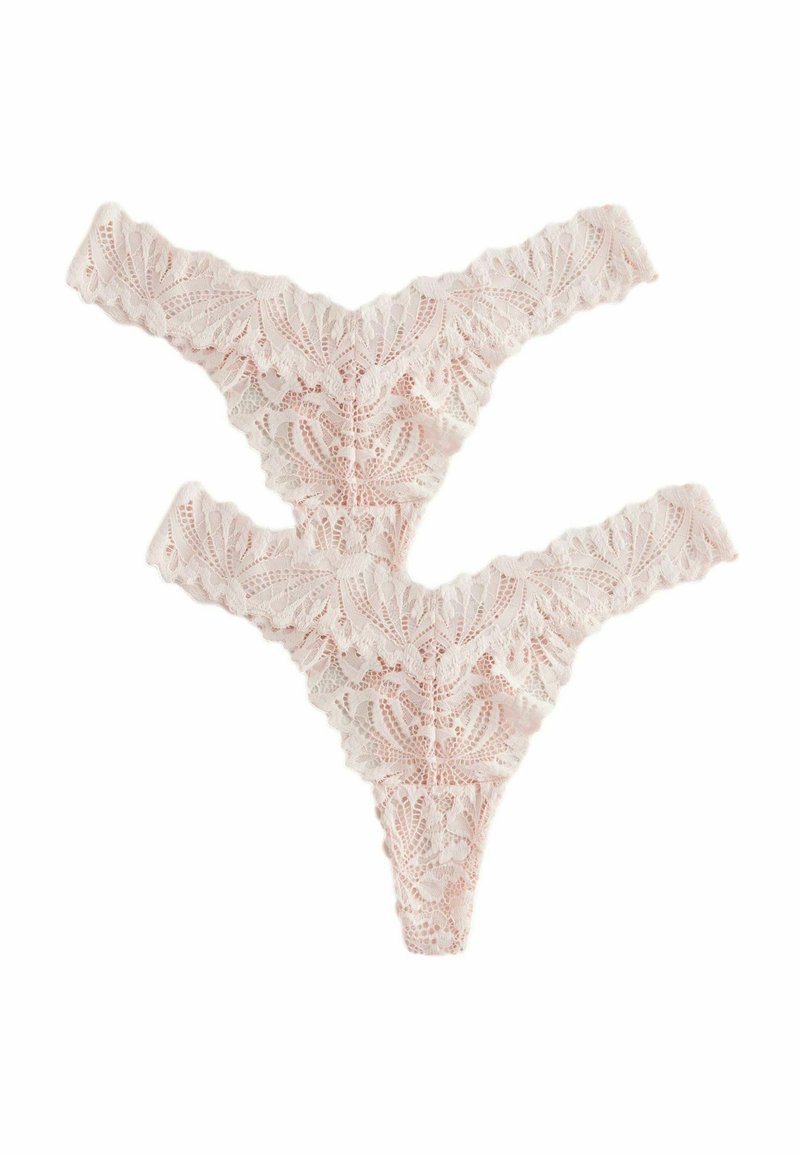 Lace thong underwear featuring a delicate floral pattern, soft pink color, and scalloped edges. Designed with minimal coverage.