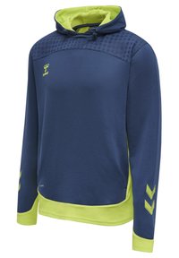 Hoodie i blått med en grön innerfoder, som har en texturerad överdel och sidodetaljer, samt chevron-grafik på ärmarna.