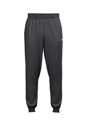 Schwarze sportliche Jogginghose mit elastischem Bund und Bündchen, Vorderentaschen und kleinem weißem Logo am rechten Oberschenkel.