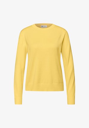 Geel gebreide trui met een ronde hals, lange mouwen, geribbelde manchetten en zoom. Gladde textuur, casual pasvorm, zonder patronen of versieringen.