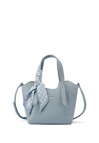 Borsa a mano in pelle azzurro chiaro con finitura texturizzata, dotata di una sciarpa annodata azzurro chiaro con motivi a cuore e doppi manici.