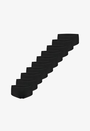 Sorte bomulds hipster-trusser med elastik i taljen, glat tekstur og enkelt design. Ti par arrangeret på en række.