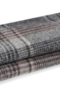 Szaro-brązowa wełniana tkanina w kratę, o miękkiej fakturze, z kontrastowymi kolorami i subtelnymi wzorami na powierzchni.