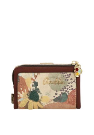 Piccolo portafoglio con cerniera con stampa floreale astratta, rifinitura bordeaux, logo dorato "Anekke" e cursore a forma di ciondolo a fiore colorato.