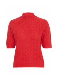 Roter kurzärmeliger Strickpullover mit strukturierter Wellenmuster, ausgestattet mit einem hohen Kragen und gerippten Abschlüssen an Ärmeln und Saum.