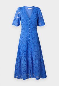 Blue lace dress with a V-neck, short sleeves, floral pattern, and button closure down the front. Flared skirt hemline.