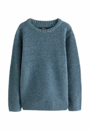 Blå strikket rundhalset sweater med teksturerede stingmønstre og ribbede manchetter og kant, fremstillet af NEXT.