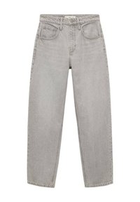 Ljusgrå högmidjade jeans med rak passform, som har fem fickor, bältesöglor och minimala sömnadsdetaljer. Denimtexturen är synlig.