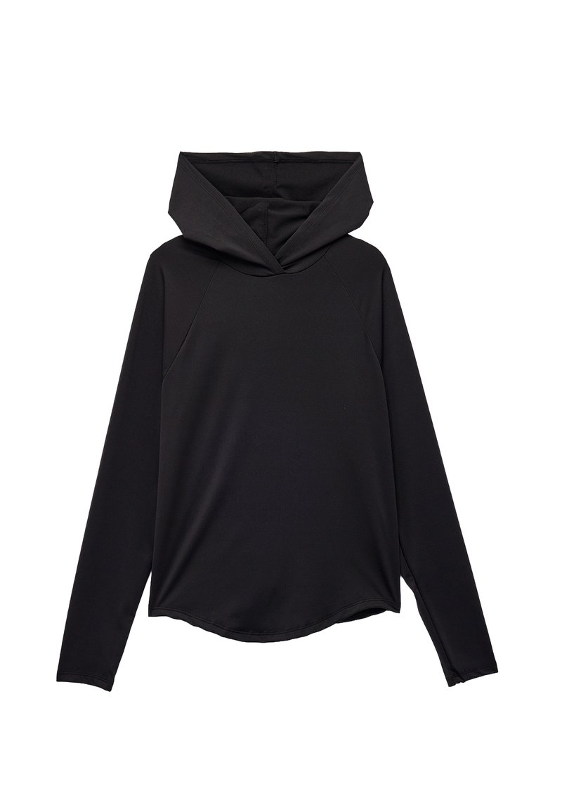 Zwarte hoodie van zachte stof met een grote, gevouwen capuchon, lange mouwen en een afgeronde zoom. Beschikt over een eenvoudig, naadloos ontwerp.