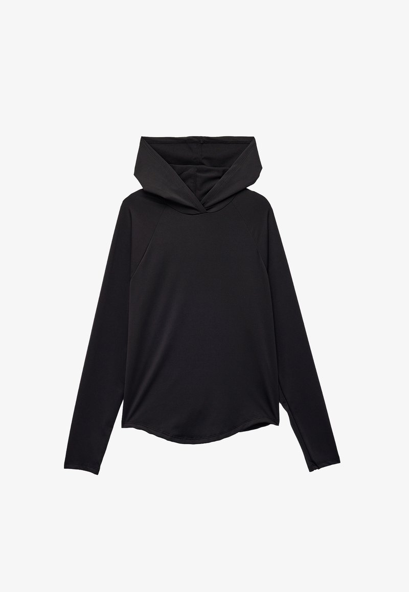Zwarte hoodie van zachte stof met een grote, gevouwen capuchon, lange mouwen en een afgeronde zoom. Beschikt over een eenvoudig, naadloos ontwerp.