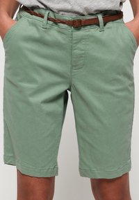 Pantalones cortos de algodón verde claro con corte recto, que cuentan con dos bolsillos frontales, una cinturilla plana y un cinturón de cuero trenzado marrón.