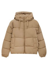 Chaqueta acolchada beige con cierre de cremallera, capucha y cordones ajustables. Presenta secciones acolchadas y bolsillos laterales con botones de presión.