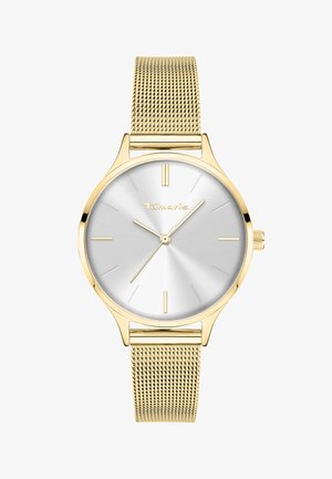 Goldfarbene Armbanduhr mit silbernem Sunburst-Zifferblatt, minimalistischen Stundenmarkierungen, drei Zeigern und goldenem Mesh-Armband, Marke „Tamaris“ sichtbar auf dem Zifferblatt.