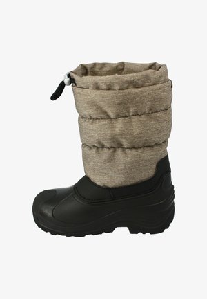 Brauner isolierter Stiefel mit einem Obermaterial aus Stoff, oben gerafft, und einer schwarzen Gummisohle mit strukturiertem Grip. Verfügt über einen Kordelzugverschluss.