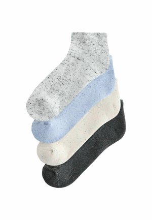 Four pairs of ankle socks stacked, colors from top to bottom: light gray, light blue, off-white, and dark gray, all with a speckled pattern.