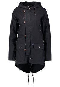 Veste noire à capuche en tissu léger, avec fermeture éclair et boutons, plusieurs poches à l'avant et ourlet réglable par cordon.