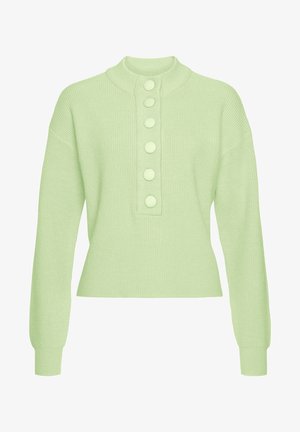 Vaaleanvihreä ribattu neulepaita, jossa on korkea kaulus ja kolme suurta nappia keskellä, pitkät hihat ja tiukka rakenne.