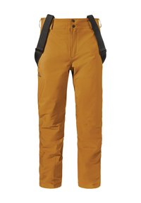 Waterproof ski pants in mustard yellow, featuring elastic adjustable suspenders, two buttons, and a logo on the left leg. Smooth texture.