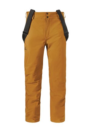 Wasserdichte Skihose in Senfgelb, mit elastischen verstellbaren Trägern, zwei Knöpfen und einem Logo am linken Bein. Glatte Textur.