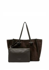 Donkerbruin suede tote bag met leren accenten, voorzien van twee handvatten en een afneembare leren pouch, met een minimalistisch ontwerp.