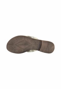 Braune Sandalensohle mit strukturierten Mustern und floralen Designs, mit einer glatten Kante und einer verstärkten Ferse für Langlebigkeit.