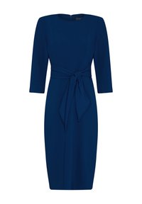 Laivansinis mekko, jossa on pyöreä pääntie, kolmanneksen pituiset hihat ja sidottu vyötärön yksityiskohta. Valmistettu sileästä kankaasta, jossa on vartaloa myötäilevä siluetti.