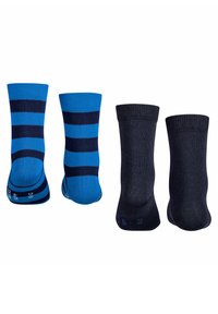 Dos pares de calcetines: uno azul con rayas marino, el otro de un sólido color azul marino. Ambos tienen la parte superior acanalada y una textura suave.