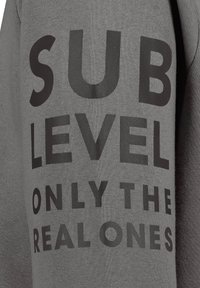 Grijze sweatshirt met grote zwarte tekst: "SUB LEVEL ONLY THE REAL ONES." Zachte textuur, casual ontwerp en minimalistische stijl.